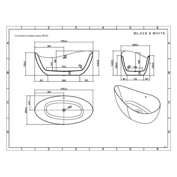 АКРИЛОВАЯ ВАННА BLACK & WHITE SB220 180X89