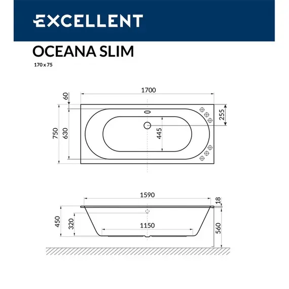 ВАННА АКРИЛОВАЯ EXCELLENT OCEANA SLIM 170X75