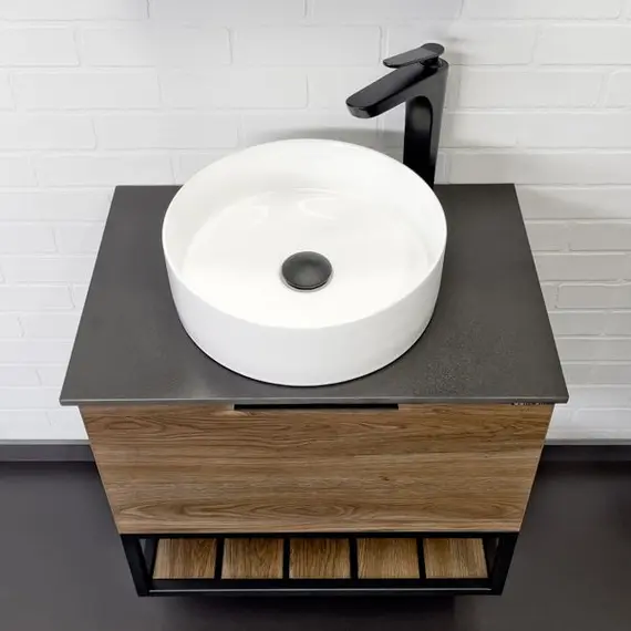 ТУМБА-УМЫВАЛЬНИК COMFORTY ПОРТО-60 ДУБ ТЁМНО-КОРИЧНЕВЫЙ С ЧЕРНОЙ СТОЛЕШНИЦЕЙ С ОТВЕРСТИЕМ ПОД СМЕСИТЕЛЬ №12 C РАКОВИНОЙ COMFORTY 9111