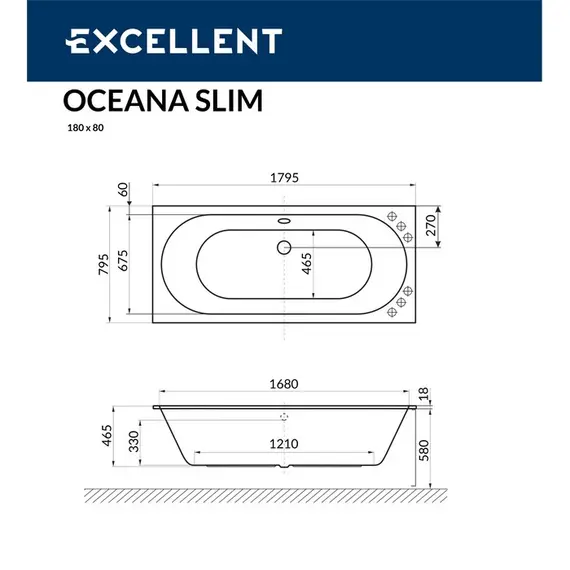 ВАННА АКРИЛОВАЯ EXCELLENT OCEANA SLIM 180X80