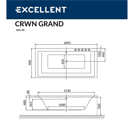 ВАННА АКРИЛОВАЯ EXCELLENT CROWN GRAND 190X90