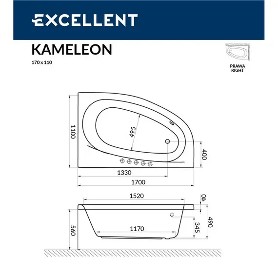 ВАННА АКРИЛОВАЯ EXCELLENT KAMELEON 170X110 (ПРАВ.)