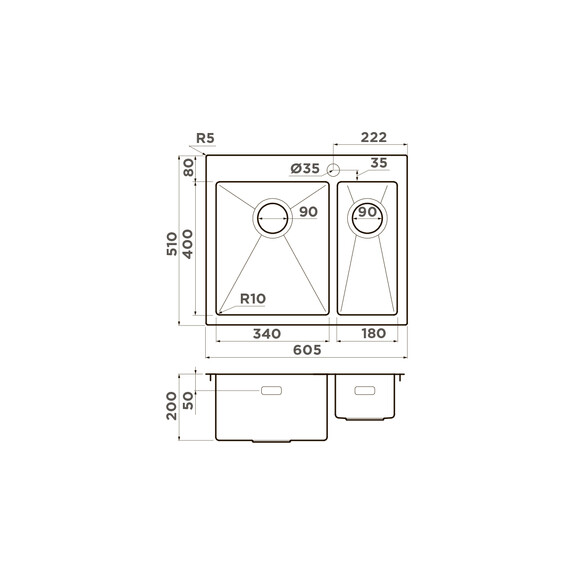 КУХОННАЯ МОЙКА OMOIKIRI AKISAME 60-2-IN-L НЕРЖ.СТАЛЬ/НЕРЖАВЕЮЩАЯ СТАЛЬ
