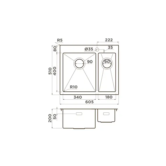 КУХОННАЯ МОЙКА OMOIKIRI AKISAME 60-2-IN-L НЕРЖ.СТАЛЬ/НЕРЖАВЕЮЩАЯ СТАЛЬ