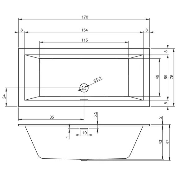 ВАННА АКРИЛОВАЯ RIHO RETHINK CUBIC 170X75 БЕЛЫЙ ГЛЯНЕЦ