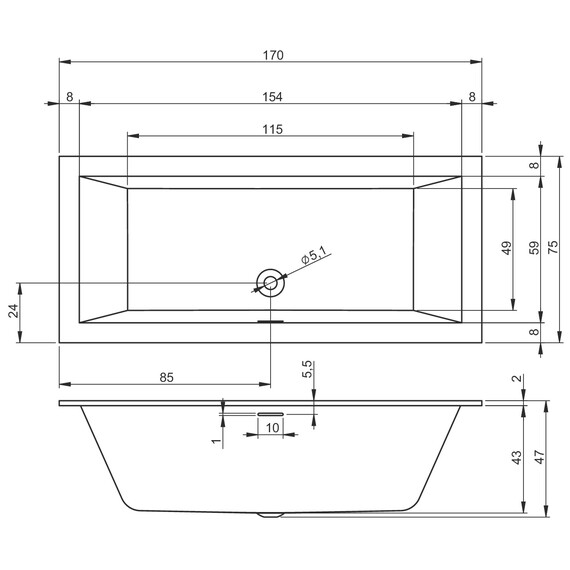 ВАННА АКРИЛОВАЯ RIHO RETHINK CUBIC 170X75 RIHO FALL БЕЛЫЙ ГЛЯНЕЦ, ЗАПОЛНЕНИЕ ЧЕРЕЗ ПЕРЕЛИВ