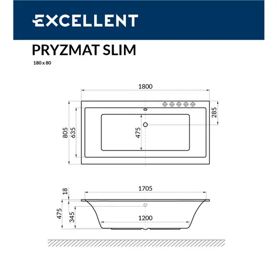 ВАННА АКРИЛОВАЯ EXCELLENT PRYZMAT SLIM 180X80