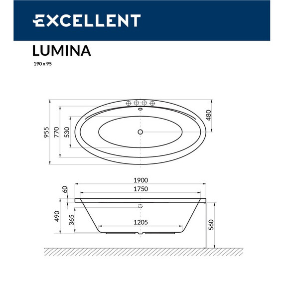 ВАННА АКРИЛОВАЯ EXCELLENT LUMINA 190X95