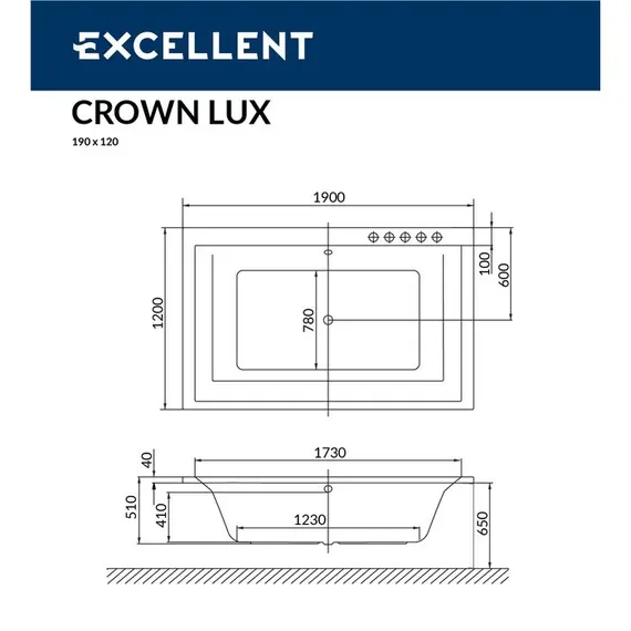 ВАННА АКРИЛОВАЯ EXCELLENT CROWN LUX 190X120