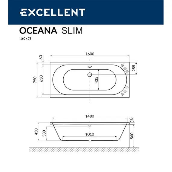 ВАННА АКРИЛОВАЯ EXCELLENT OCEANA SLIM 160X75