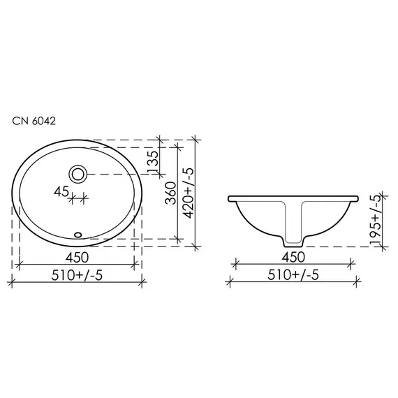 УМЫВАЛЬНИК ОВАЛЬНЫЙ ВСТРАИВАЕМЫЙ ПОД СТОЛЕШНИЦУ CERAMICA NOVA ELEMENT 510X420X195 ММ