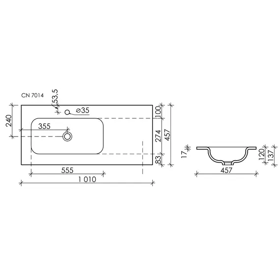 УМЫВАЛЬНИК НАКЛАДНОЙ ПРЯМОУГОЛЬНЫЙ CERAMICA NOVA ELEMENT 1010X457X137 ММ, ЧАША СЛЕВА