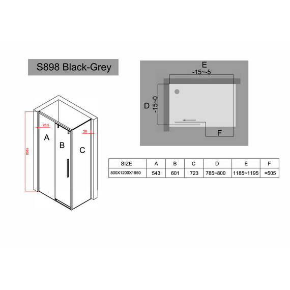 ДУШЕВОЙ УГОЛОК BLACK & WHITE STELLAR WIND S898 BLACK-GREY 90X120X195