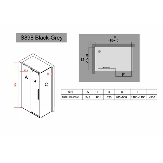 ДУШЕВОЙ УГОЛОК BLACK & WHITE STELLAR WIND S898 BLACK-GREY 90X120X195