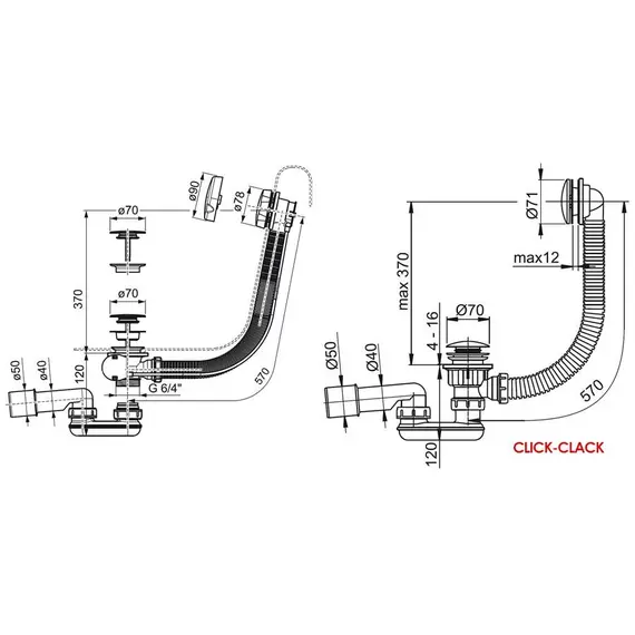 СТОЧНЫЙ КОМПЛЕКТ ДЛЯ ВАННЫ С ПЕРЕЛИВОМ RAVAK "КЛИК-КЛАК" 800 ММ