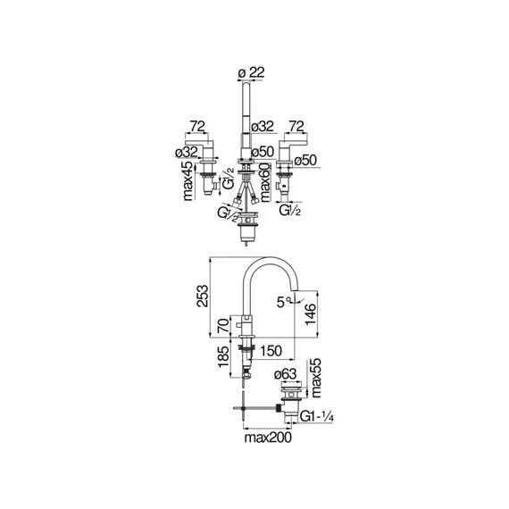 СМЕСИТЕЛЬ ДЛЯ РАКОВИНЫ NOBILI LIRA LR116211/1T1BM ЧЕРНЫЙ, 3 ОТВЕРСТИЯ