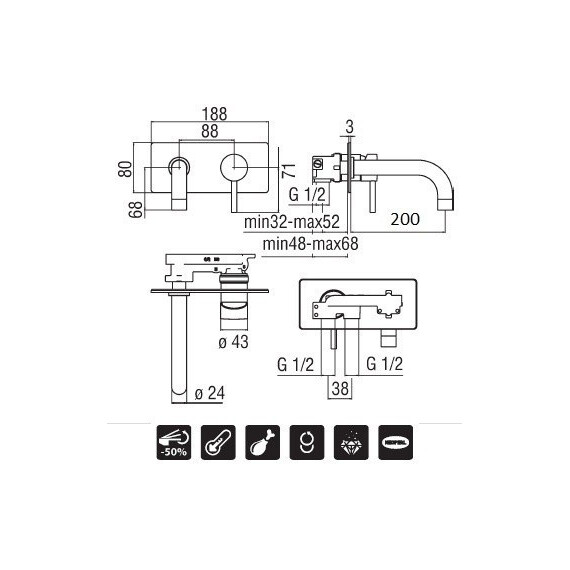 СМЕСИТЕЛЬ ДЛЯ РАКОВИНЫ NOBILI LV00198/1CR LIVE НАСТЕННЫЙ