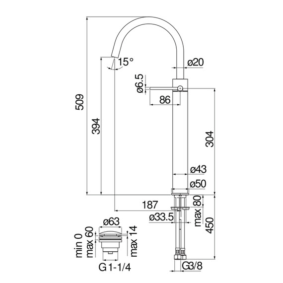 СМЕСИТЕЛЬ ДЛЯ РАКОВИНЫ NOBILI VELIS VE125148/2FLP С ДОННЫМ КЛАПАНОМ, DIAMOND SMOKE