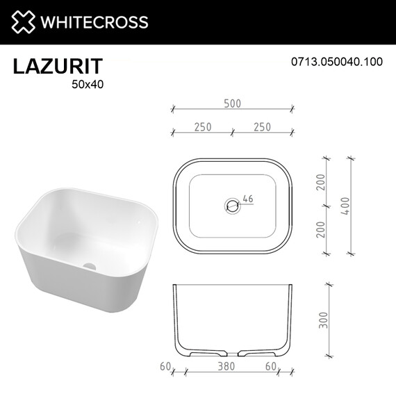 РАКОВИНА НАКЛАДНАЯ WHITECROSS LAZURIT 50X40 (БЕЛЫЙ ГЛЯНЕЦ)