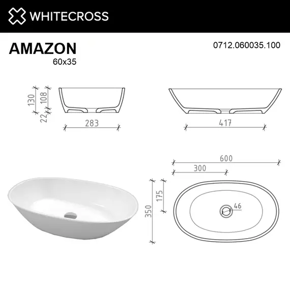 РАКОВИНА НАКЛАДНАЯ WHITECROSS AMAZON 60X35 (БЕЛЫЙ ГЛЯНЕЦ)