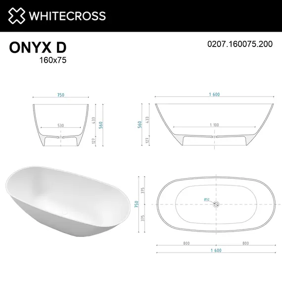 ВАННА ИЗ ИСКУССТВЕННОГО КАМНЯ WHITECROSS ONYX D 160X75 (БЕЛЫЙ МАТ)