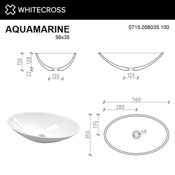 РАКОВИНА НАКЛАДНАЯ WHITECROSS AQUAMARINE 56X35 (БЕЛЫЙ ГЛЯНЕЦ)