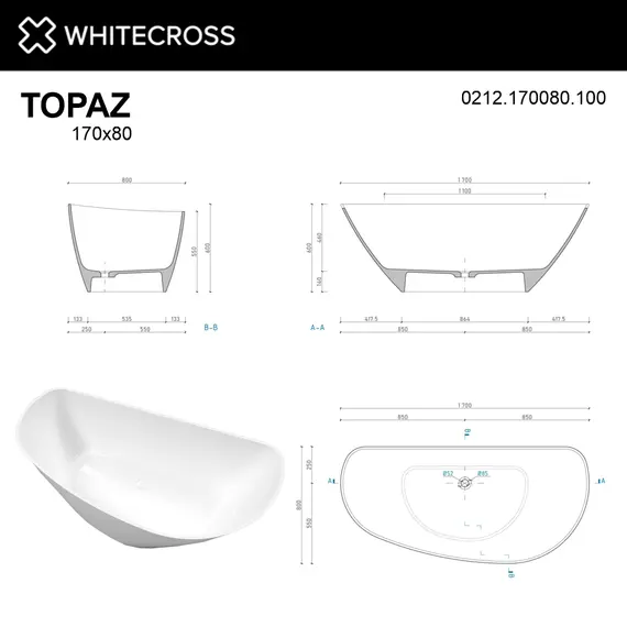 ВАННА ИЗ ИСКУССТВЕННОГО КАМНЯ WHITECROSS TOPAZ 170X80 (БЕЛЫЙ ГЛЯНЕЦ)