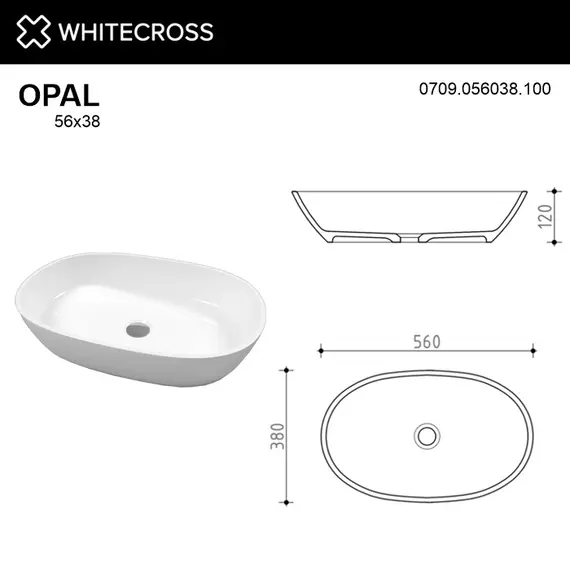 РАКОВИНА НАКЛАДНАЯ WHITECROSS OPAL 56X38 (БЕЛЫЙ ГЛЯНЕЦ)