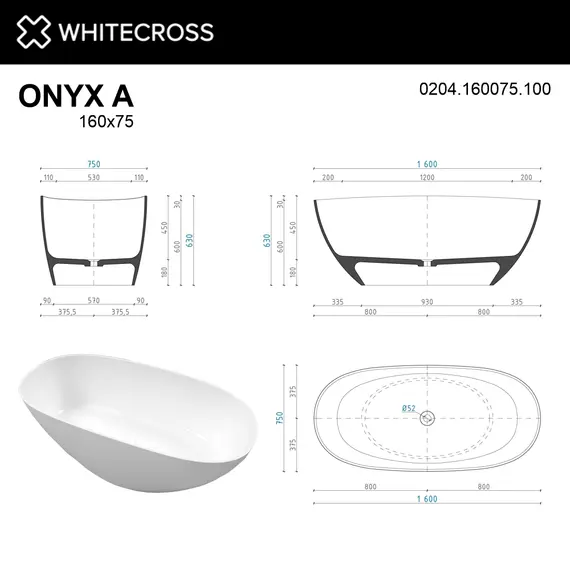ВАННА ИЗ ИСКУССТВЕННОГО КАМНЯ WHITECROSS ONYX A 160X75 (БЕЛЫЙ ГЛЯНЕЦ)
