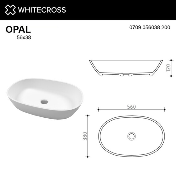 РАКОВИНА НАКЛАДНАЯ WHITECROSS OPAL 56X38 (БЕЛЫЙ МАТ)