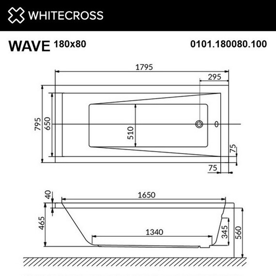 ГИДРОМАССАЖНАЯ АКРИЛОВАЯ ВАННА WHITECROSS WAVE 180X80 "RELAX" (ХРОМ)