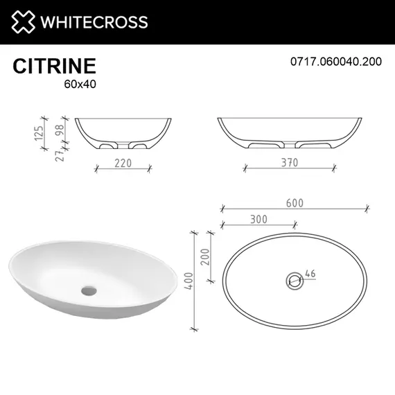 РАКОВИНА НАКЛАДНАЯ WHITECROSS CITRINE 60X40 (БЕЛЫЙ МАТ)