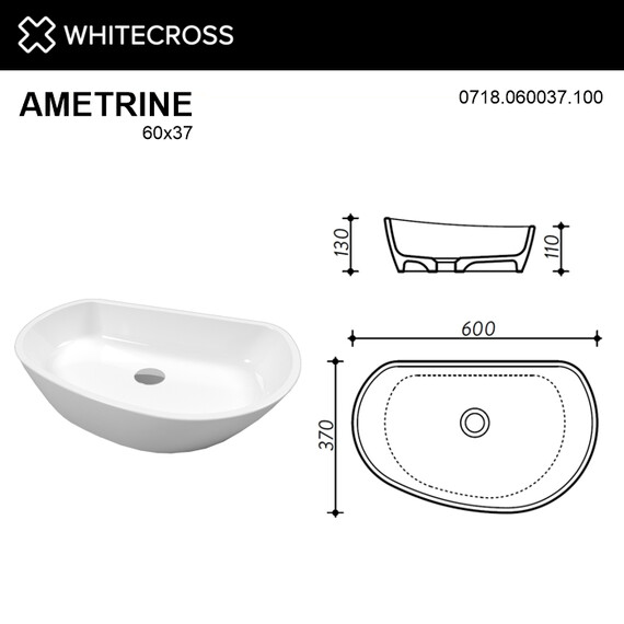 РАКОВИНА НАКЛАДНАЯ WHITECROSS AMETRINE 60X37 (БЕЛЫЙ ГЛЯНЕЦ)