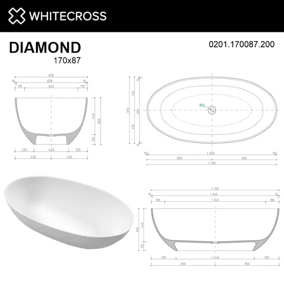 ВАННА ИЗ ИСКУССТВЕННОГО КАМНЯ WHITECROSS DIAMOND 170X87 (БЕЛЫЙ МАТ)