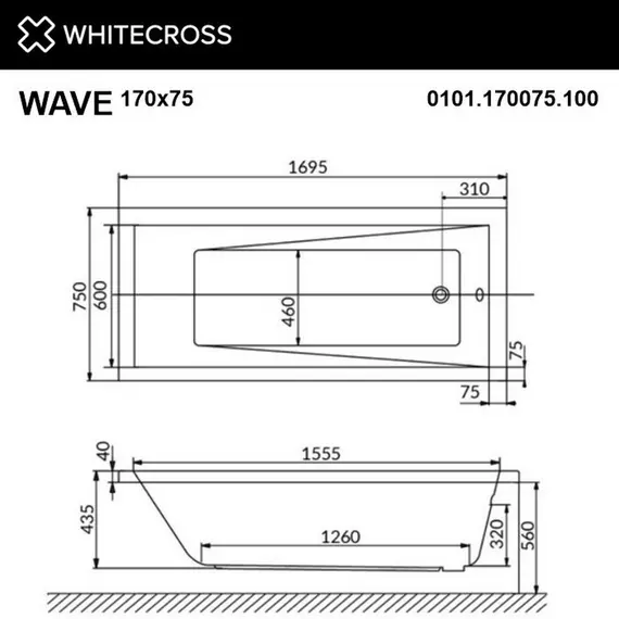ГИДРОМАССАЖНАЯ АКРИЛОВАЯ ВАННА WHITECROSS WAVE 170X75 "RELAX" (ХРОМ)