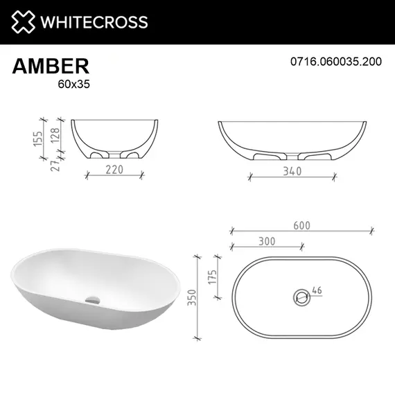 РАКОВИНА НАКЛАДНАЯ WHITECROSS AMBER 60X35 (БЕЛЫЙ МАТ)
