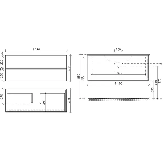ТУМБА ПОДВЕСНАЯ SANCOS CENTO 1190Х450Х500, C ДВУМЯ ЯЩИКАМИ ОСНАЩЕННЫМИ ДОВОДЧИКАМИ, КАРПАТСКАЯ ЕЛЬ, АРТ. CN120-1KE