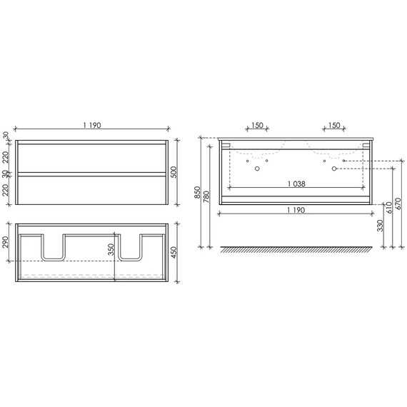 ТУМБА ПОДВЕСНАЯ SANCOS LIBRA 1190Х450Х500, C ДВУМЯ ЯЩИКАМИ ОСНАЩЕННЫМИ ДОВОДЧИКАМИ, ДУБ ЧАРЛЬСТОН, АРТ. LB120-2ECH