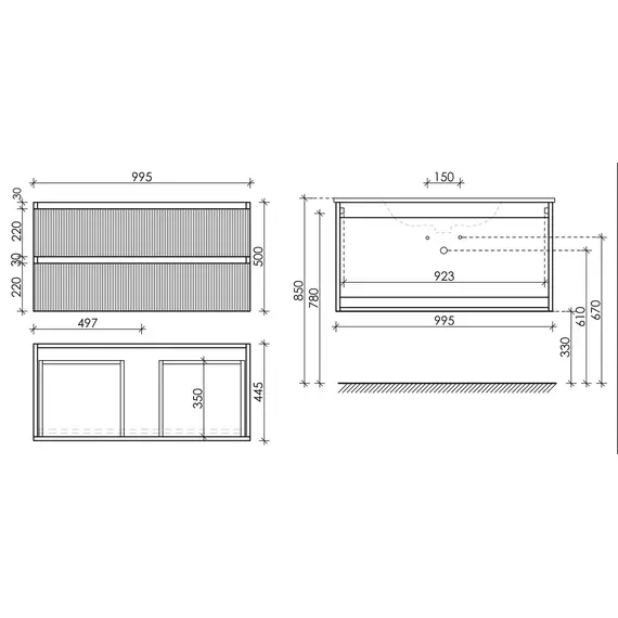 ТУМБА ПОДВЕСНАЯ SANCOS SNOB R 995Х445Х500, C ДВУМЯ ЯЩИКАМИ ОСНАЩЕННЫМИ ДОВОДЧИКАМИ, BIANCO, АРТ.SNR100W