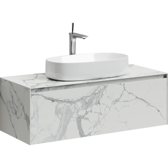 ТУМБА ПОДВЕСНАЯ SANCOS STONE ИЗ КЕРАМОГРАНИТА С ОДНИМ ВЫДВИЖНЫМ ЯЩИКОМ И СТОЛЕШНИЦЕЙ ИЗ КЕРАМОГРАНИТА 1200Х400Х495, КЕРАМОГРАНИТ STATUARIO WHITE, АРТ. ST120SV