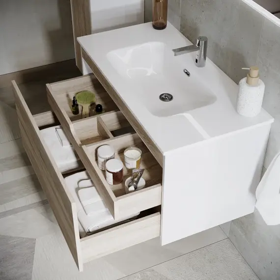 ТУМБА ПОДВЕСНАЯ SANCOS SMART 890Х450Х500, C ДВУМЯ ЯЩИКАМИ ОСНАЩЕННЫМИ ДОВОДЧИКАМИ, ДУБ БАРДОЛИНО/БЕЛЫЙ , АРТ. SM90E