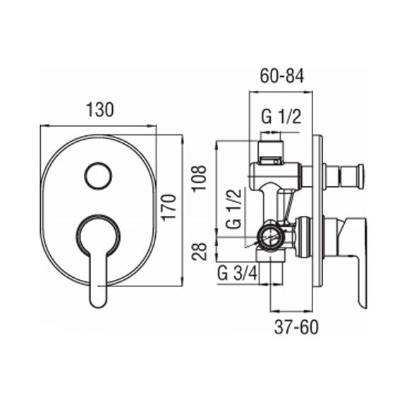 СМЕСИТЕЛЬ ДЛЯ ВАННЫ И ДУША NOBILI ABC AB87100CR ВНЕШНЯЯ И СКРЫТАЯ ЧАСТЬ