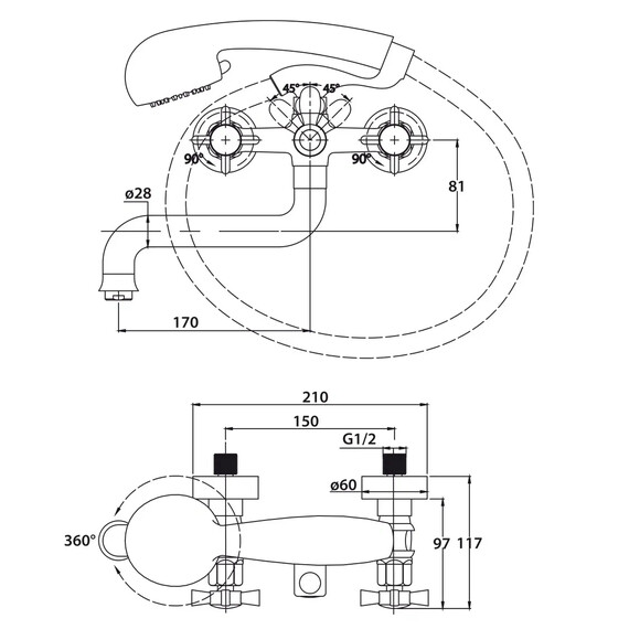 СМЕСИТЕЛЬ KAISER CROSS ДЛЯ ВАННЫ С ДУШЕМ