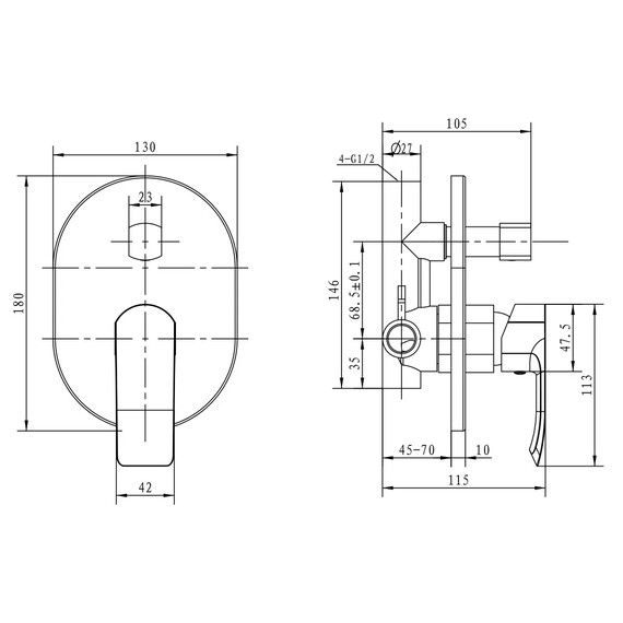 СМЕСИТЕЛЬ KAISER AURORA СКРЫТЫЙ МОНТАЖ С ПЕРЕКЛЮЧАТЕЛЕМ НА ДУШ ХРОМ
