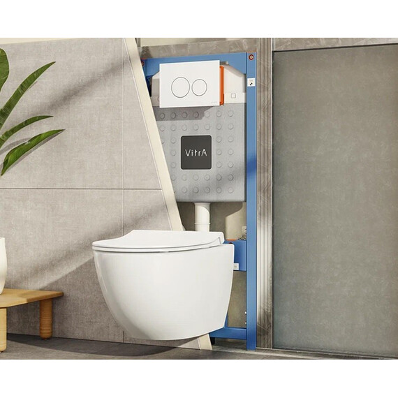 КОМПЛЕКТ ПОДВЕСНОЙ БЕЗОБОДКОВЫЙ УНИТАЗ VITRA SENTO RIM-EX, СИСТЕМА ИНСТАЛЛЯЦИИ VITRA V12, КНОПКА SIRIUS МАТОВЫЙ ХРОМ, ТОНКОЕ СИДЕНЬЕ МИКРОЛИФТ
