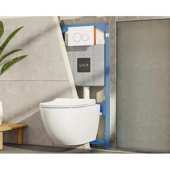 КОМПЛЕКТ ПОДВЕСНОЙ БЕЗОБОДКОВЫЙ УНИТАЗ VITRA SENTO RIM-EX, СИСТЕМА ИНСТАЛЛЯЦИИ VITRA V12, КНОПКА SIRIUS МАТОВЫЙ ХРОМ, ТОНКОЕ СИДЕНЬЕ МИКРОЛИФТ