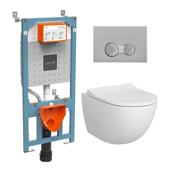 КОМПЛЕКТ ПОДВЕСНОЙ БЕЗОБОДКОВЫЙ УНИТАЗ VITRA SENTO RIM-EX, СИСТЕМА ИНСТАЛЛЯЦИИ VITRA V12, КНОПКА SIRIUS МАТОВЫЙ ХРОМ, ТОНКОЕ СИДЕНЬЕ МИКРОЛИФТ