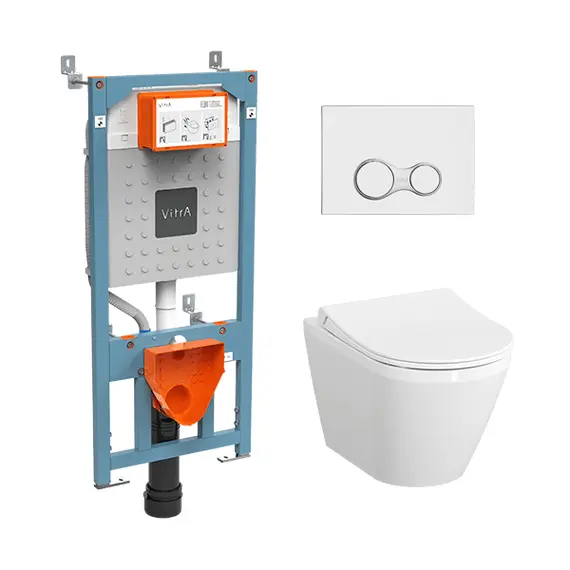 КОМПЛЕКТ ПОДВЕСНОЙ БЕЗОБОДКОВЫЙ УНИТАЗ VITRA INTEGRA ROUND, СИСТЕМА ИНСТАЛЛЯЦИИ VITRA V12, КНОПКА SIRIUS ГЛЯНЦЕВЫЙ ХРОМ, ТОНКОЕ СИДЕНЬЕ МИКРОЛИФТ