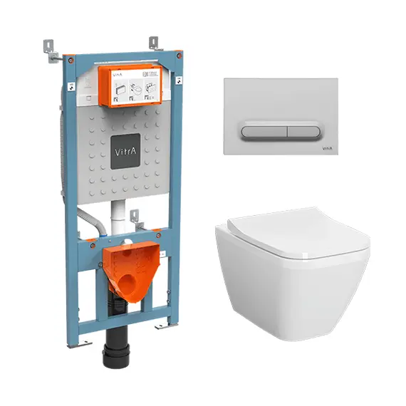 КОМПЛЕКТ ПОДВЕСНОЙ БЕЗОБОДКОВЫЙ УНИТАЗ VITRA INTEGRA SQUARE, СИСТЕМА ИНСТАЛЛЯЦИИ VITRA V12, КНОПКА LOOP T МАТОВЫЙ ХРОМ, ТОНКОЕ СИДЕНЬЕ МИКРОЛИФТ