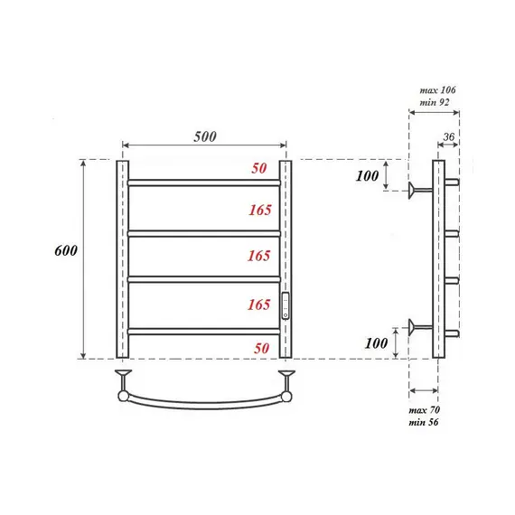 ПОЛОТЕНЦЕСУШИТЕЛЬ ЭЛЕКТРИЧЕСКИЙ POINT АФИНА PN04856 П4 500X600 ДИММЕР СПРАВА, ХРОМ
